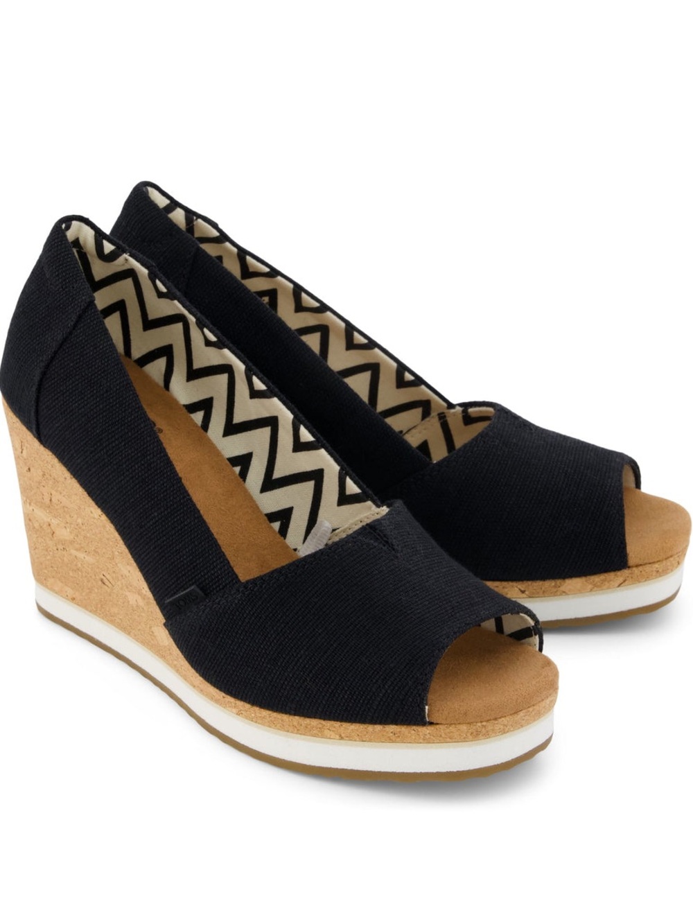 🆕 Toms Black Canvas Cork Wedge Peep-Toe Sandals